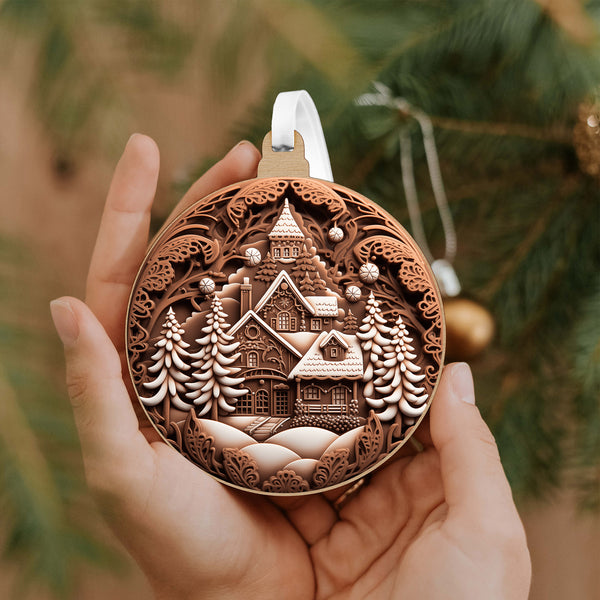 Mézeskalács hatású karácsonyfadísz havas házikókkal