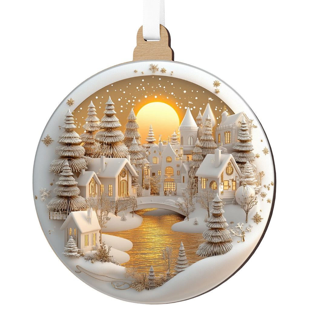 Fehér–arany karácsonyfadísz hidas téli falucskával és aranyló holddal