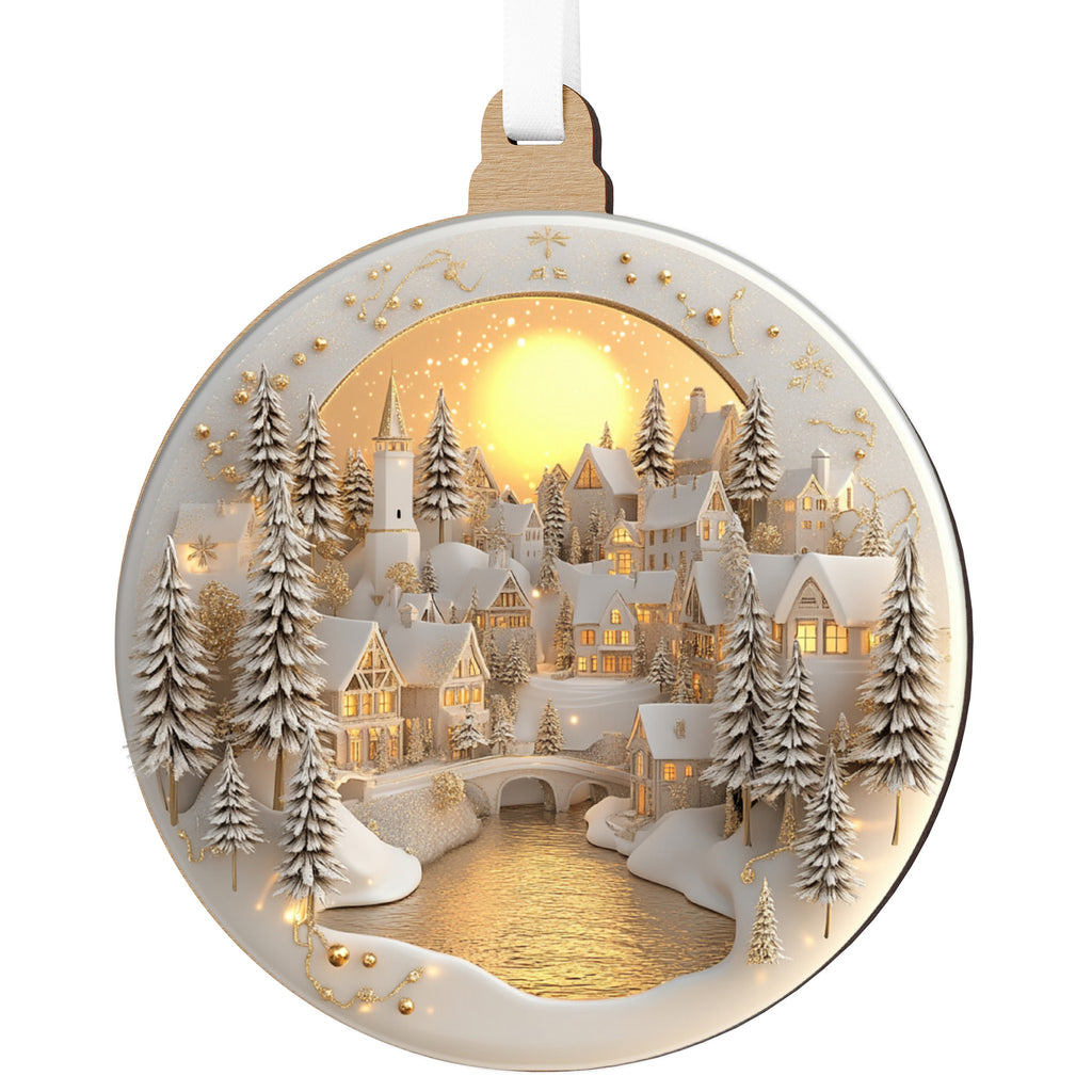 Fehér–arany karácsonyfadísz hidas téli falucskával és aranyló holddal