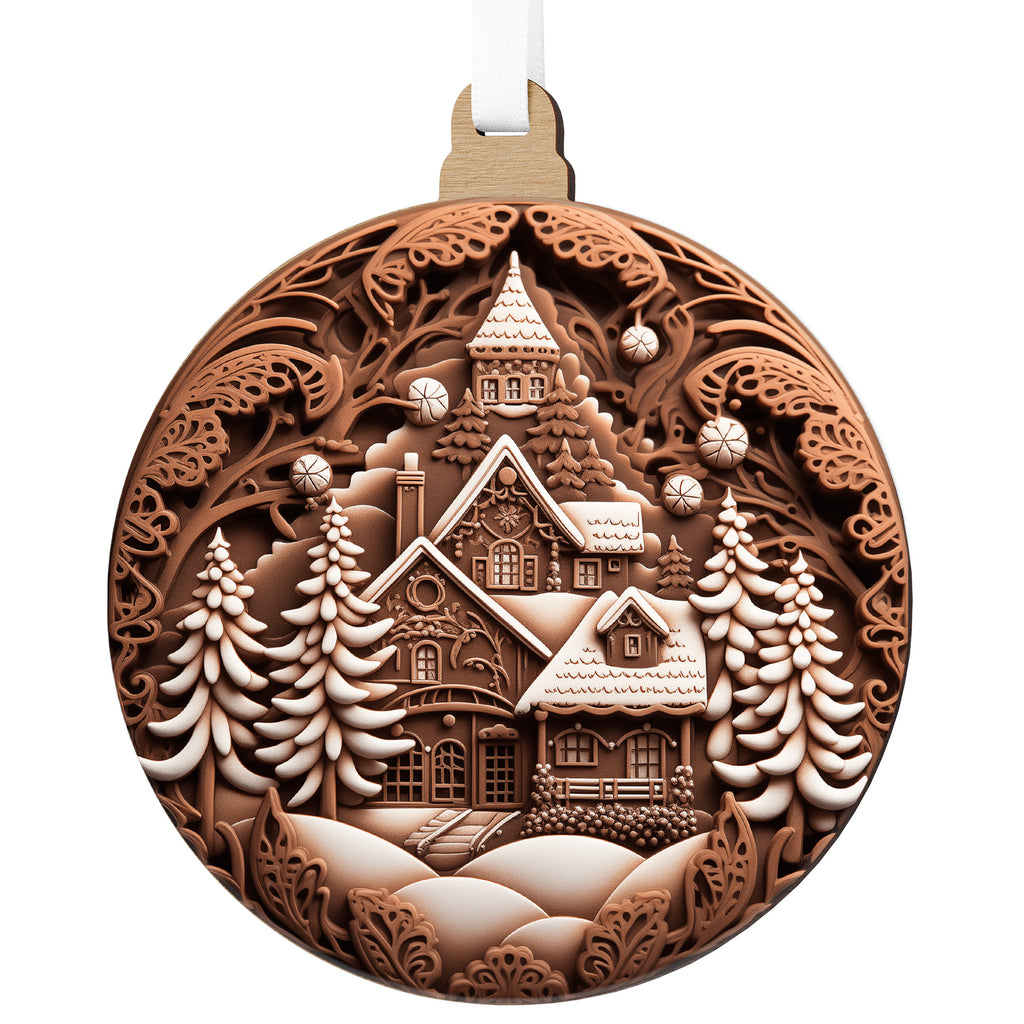 Mézeskalács hatású karácsonyfadísz havas házikókkal