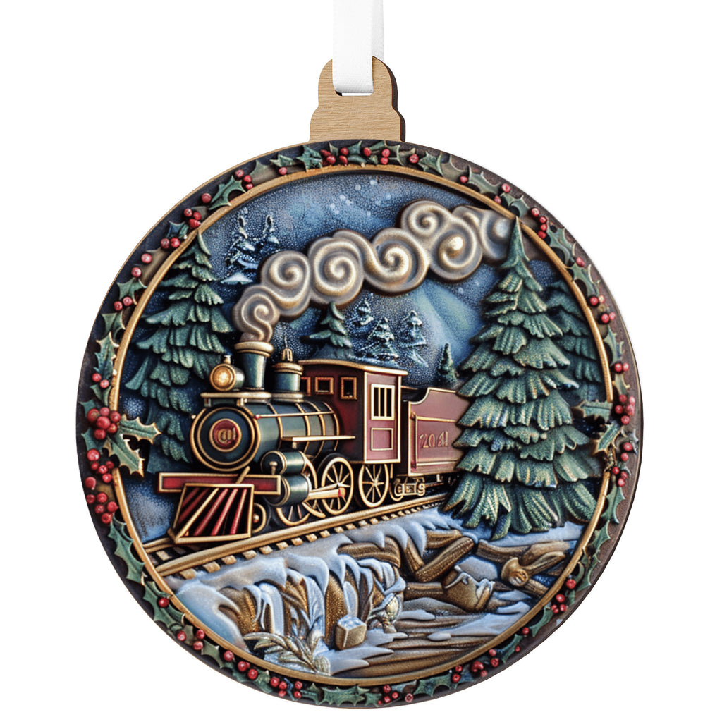 Téli vonatos karácsonyfadísz havas fenyves háttérrel