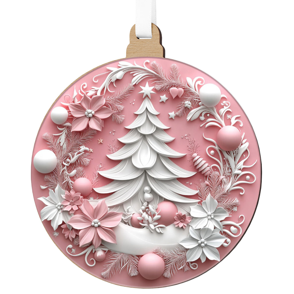 Rózsaszín karácsonyfadísz hófehér fenyővel