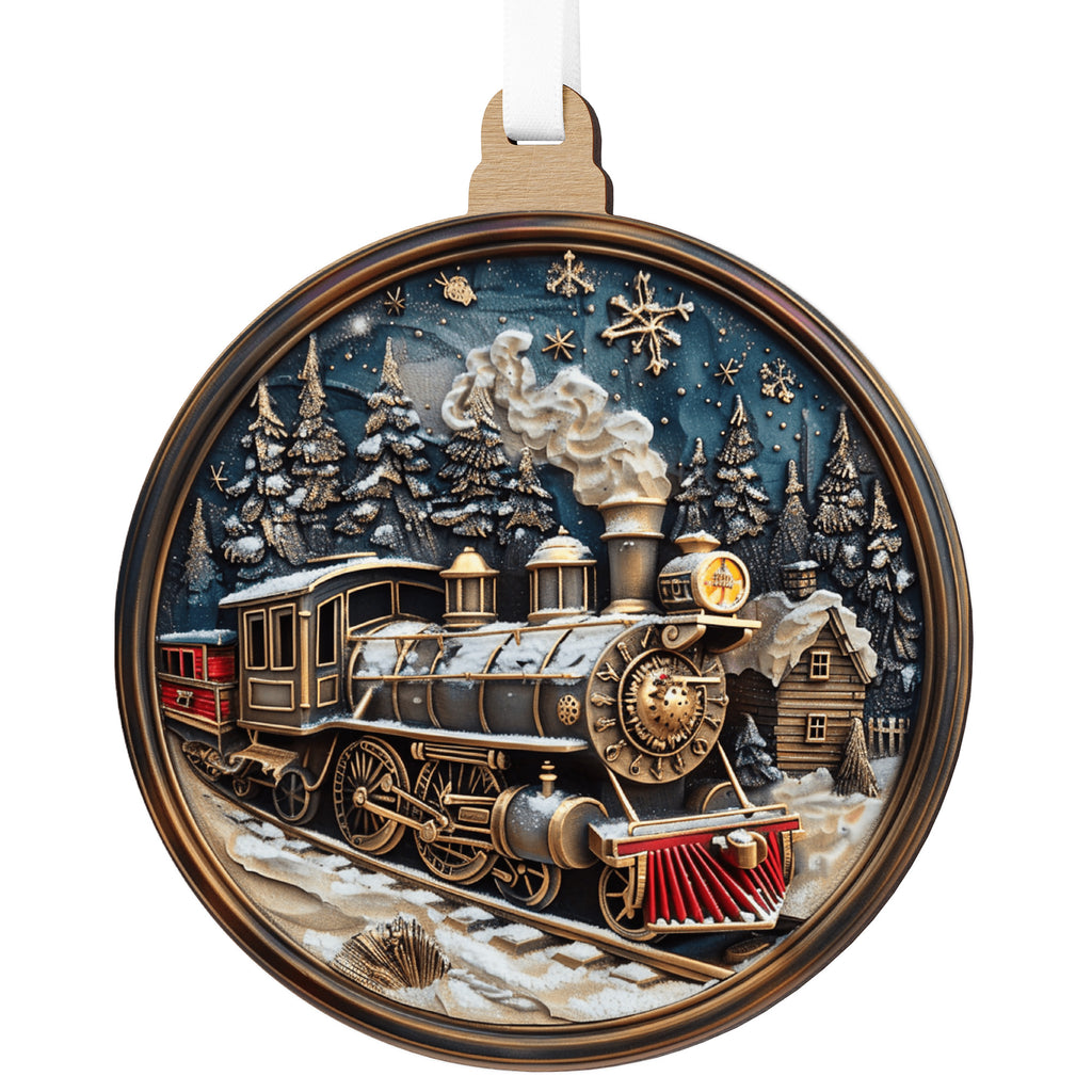 Piros karácsonyi vonatos dísz fehér havas részletekkel