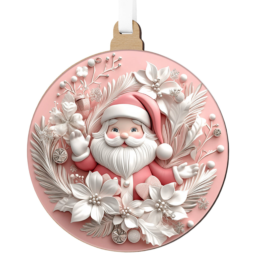 Rózsaszín karácsonyfadísz integető Mikulással