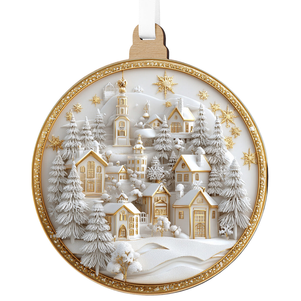 Fehér–arany karácsonyfadísz téli falucskával és templommal