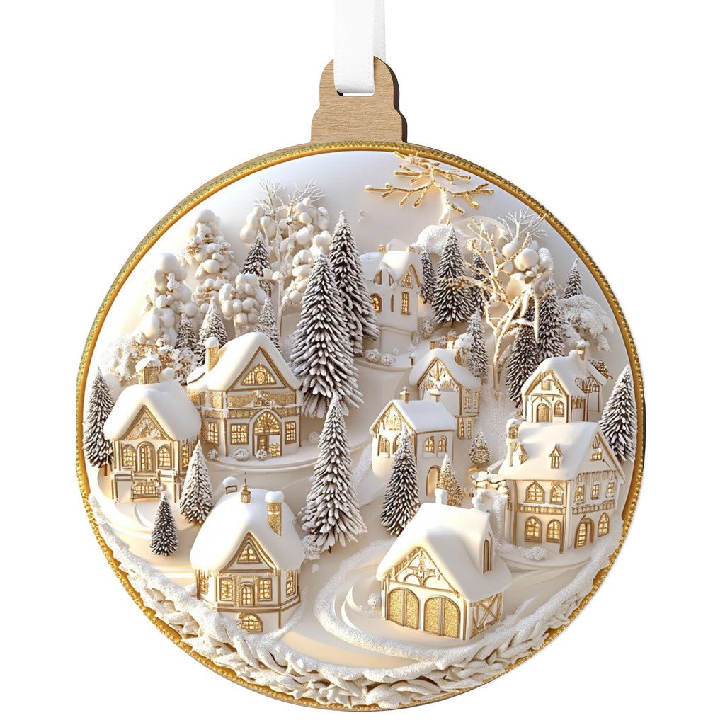 Fehér–arany karácsonyfadísz havas erdei falucskával