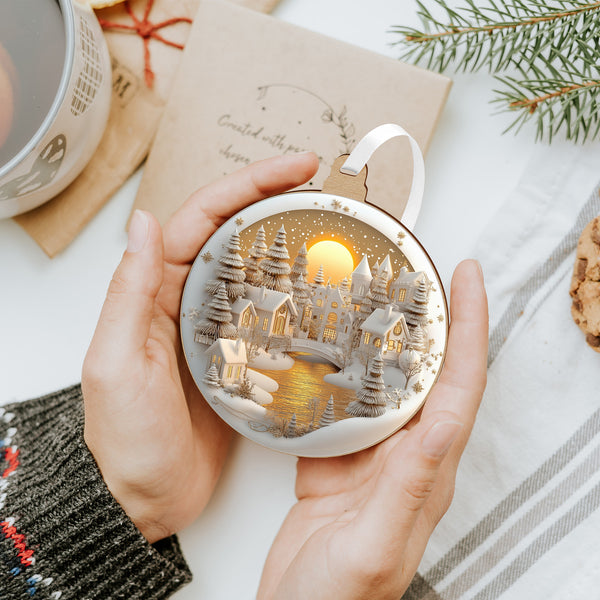 Fehér–arany karácsonyfadísz hidas téli falucskával és aranyló holddal