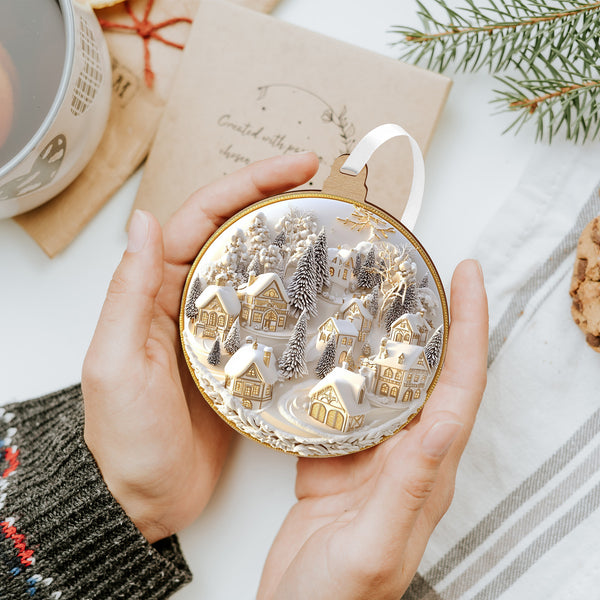 Fehér–arany karácsonyfadísz havas erdei falucskával