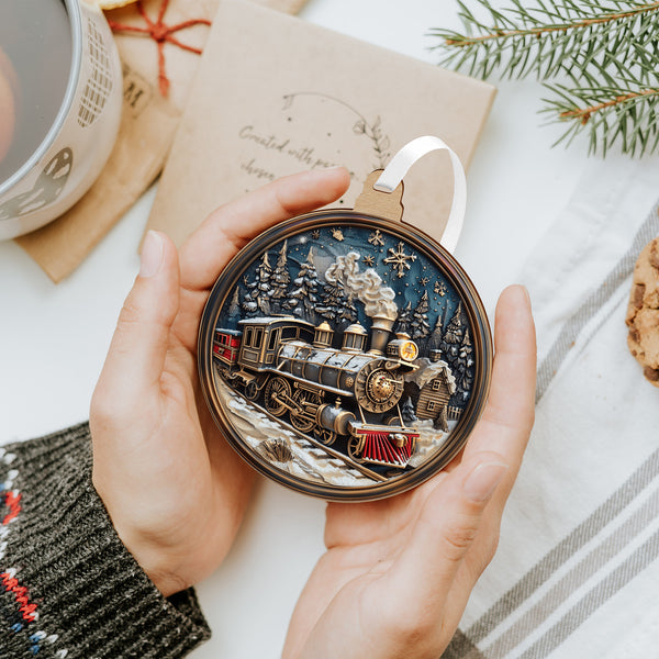 Piros karácsonyi vonatos dísz fehér havas részletekkel